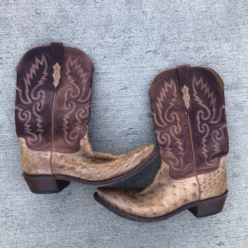 Lucchese 1883 Exotic Ostrich Leg Cowboy Boots Brown Men Size 9 2E EE